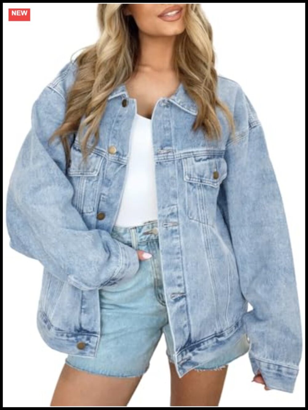 Oversized Distressed Women's Denim Jacket with Pockets